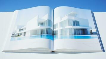 Open magazine with modern and minimalist building and blue sky. 3d rendering. photo