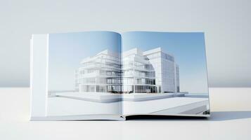 Open magazine with modern and minimalist building and blue sky. 3d rendering. photo