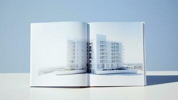 Open magazine with modern and minimalist building and blue sky. 3d rendering. photo