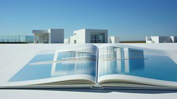 Open magazine with modern and minimalist building and blue sky. 3d rendering. photo