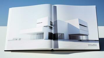 Open magazine with modern and minimalist building and blue sky. 3d rendering. photo