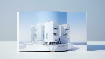 Open magazine with modern and minimalist building and blue sky. 3d rendering. photo