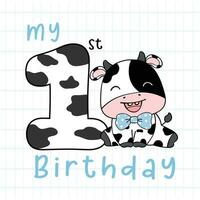 alegre mi primero cumpleaños vaca chico niñito con número 1 cumpleaños garabatear dibujos animados vector