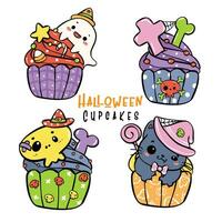 Cute Vibrant Festive Halloween Cupcake Doodle Outline colorful hand drawing vector