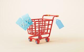 Cartoon shopping cart with shopping theme, 3d rendering. photo