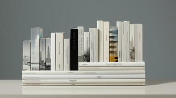 3d representación de un libro estante con libros en frente de gris antecedentes. generativo ai foto