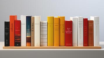 3d representación de un libro estante con libros en frente de gris antecedentes. generativo ai foto