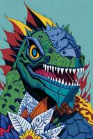 A detailed illustration of a Godzilla for a t-shirt design, wallpaper and fashion photo