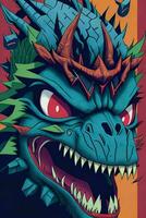 A detailed illustration of a Godzilla for a t-shirt design, wallpaper and fashion photo