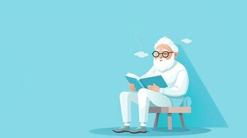 Old man reading a book while sitting in a chair. Vector illustration. Generative AI photo