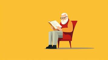 Old man reading a book while sitting in a chair. Vector illustration. Generative AI photo