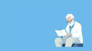 antiguo hombre leyendo un libro mientras sentado en un silla. vector ilustración. generativo ai foto