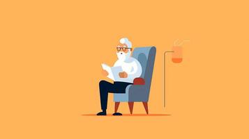 Old man reading a book while sitting in a chair. Vector illustration. Generative AI photo