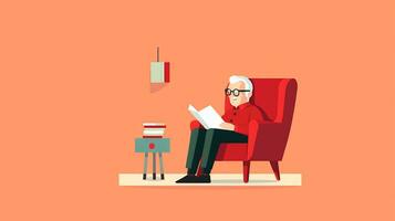 antiguo hombre leyendo un libro mientras sentado en un silla. vector ilustración. generativo ai foto