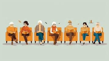 Elderly people sit on sofa and read books. Vector illustration. Generative AI photo