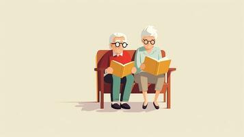 Elderly people sit on sofa and read books. Vector illustration. Generative AI photo