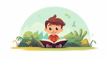 Cute little boy reading a book. Vector illustration. Generative AI photo