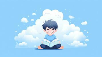 Cute little boy reading a book. Vector illustration. Generative AI photo