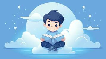 linda pequeño chico leyendo un libro. vector ilustración. generativo ai foto