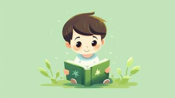 Cute little boy reading a book. Vector illustration. Generative AI photo