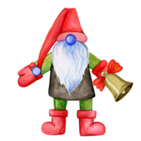 A Christmas gnome holds a bell.. Watercolor illustration png