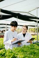 Researcher team in white uniform are checking with ph strips in hydroponic farm and pH level scale graphic, science laboratory greenhouse concept. photo