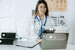 Dctor work on digital tablet healthcare doctor technology tablet using computer in laboratory study with virtual icon photo