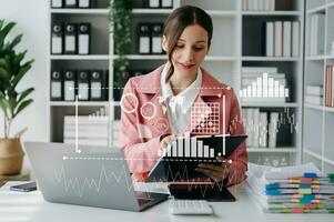 Intelligence and business analytics with key performance indicators dashboard concept.StartUp Programming as Fintech concept.Business team meeting. Photo professional investor  at office