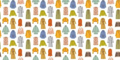 Seamless pattern with hand drawn colorful different outerwear on white background in flat cartoon style. Jacket, trench, coat, vest, bomber. Female clothes. For background, packaging, textile vector