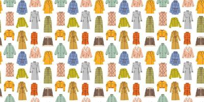 Seamless pattern with hand drawn colorful different outerwear on white background in flat cartoon style. Jacket, trench, coat, vest, bomber. Female clothes. For background, packaging, textile vector