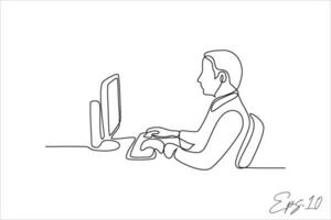 continuous line vector illustration of man working in front of computer