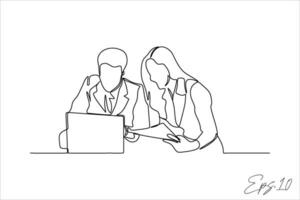 continuous line vector illustration of a man and a woman in front of a laptop