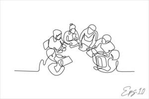 continuo línea vector ilustración de un grupo de personas teniendo un reunión