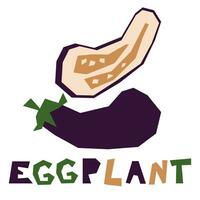 Purple eggplant, whole and in section, highlighted on a white background. The original signature of the eggplant. Products from the farmer's market, organic food. Geometric stylized flat vector