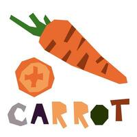 Orange carrot, whole and in section, highlighted on a white background. The original signature is a carrot. Products from the farmer's market, organic food. Geometric stylized flat vector illustration