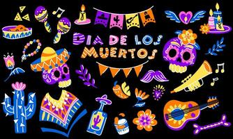 A set for Muerto with a skull. The Feast of the Dead on Mexico Day. Skull, candles, guitar, maracas, flags, flowers on a black background. Themed Memorial Day, Day of the Dead, Halloween vector