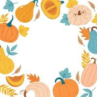 Autumn leaf and pumpkin frame, fall poster design. Halloween background. Perfect graphic for Thanksgiving day, Halloween, greeting cards, posters, and more. Vector illustration