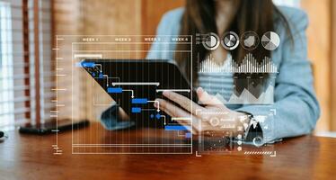 gerente de proyecto de mano de empresaria trabajando y actualizando tareas y diagrama de gantt programando diagrama virtual con teléfono inteligente, tableta y computadora portátil foto