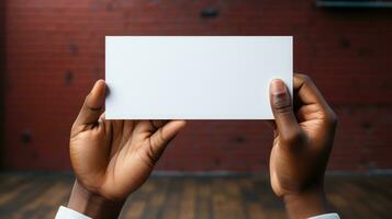 Close-up of female hands holding blank business card photo