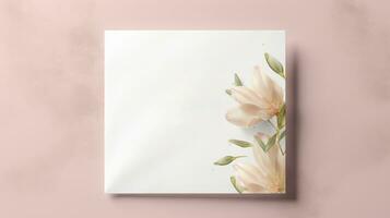 top view of blank Weeding card mockup with flowers, weeding card mockup photo