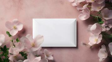 top view of blank Weeding card mockup with flowers, weeding card mockup photo