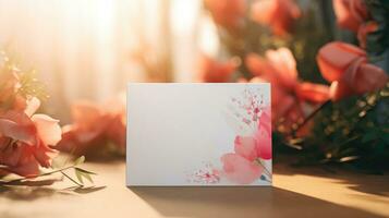 top view of blank Weeding card mockup with flowers, weeding card mockup photo