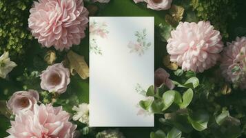 top view of blank Weeding card mockup with flowers, weeding card mockup photo