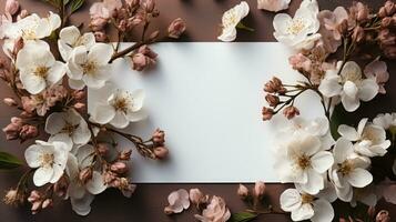 Blank card with flowers background, top view photo