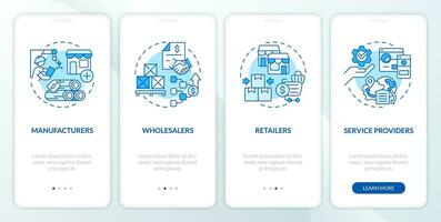 2D icons representing vendor management mobile app screen set. Walkthrough 4 steps blue graphic instructions with thin line icons concept, UI, UX, GUI template. vector