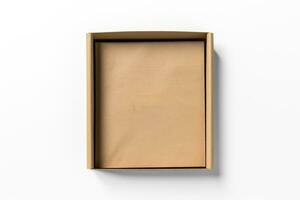 Top view of open cardboard box mockup on white background, photo