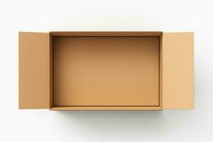 Top view of open cardboard box mockup on white background, photo