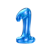 One 1 number alphabet with y2k liquid sea blue chrome effect png