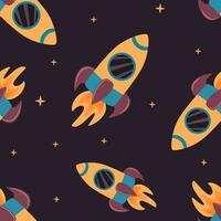 Seamless pattern with a space rocket taking off in cartoon style. Space travel. Cosmic children's background. Vector illustration.