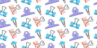 Seamless pattern with cute paper clips, clamps and binders on light background. vector